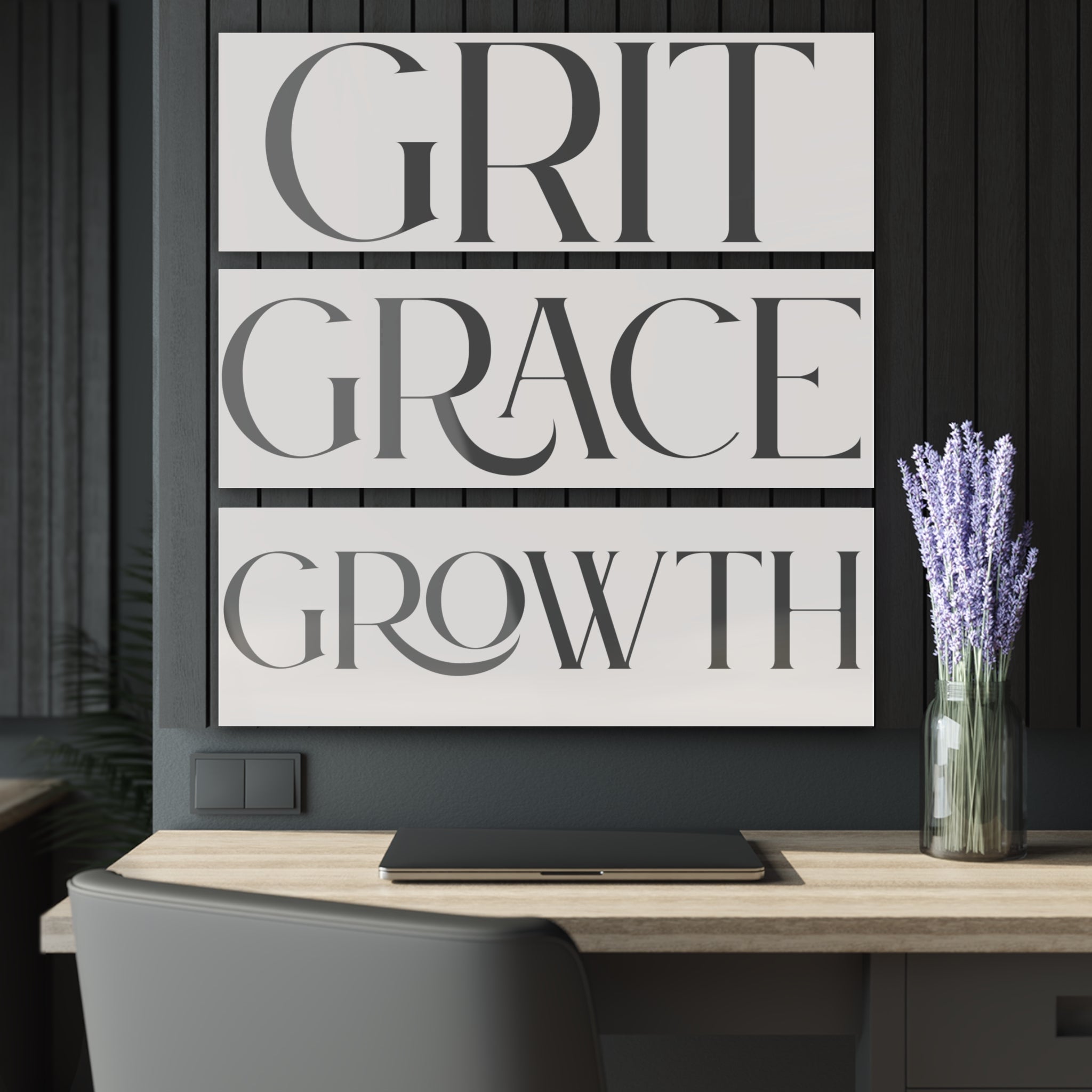 Grit Grace Growth Acrylic Triptych Wall Art — Inspirational Modern Typography Print