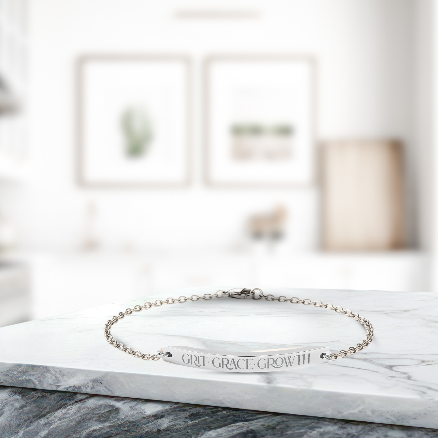 Engraved Curved Bar Sterling Silver Anklet  'Grit • Grace • Growth'
