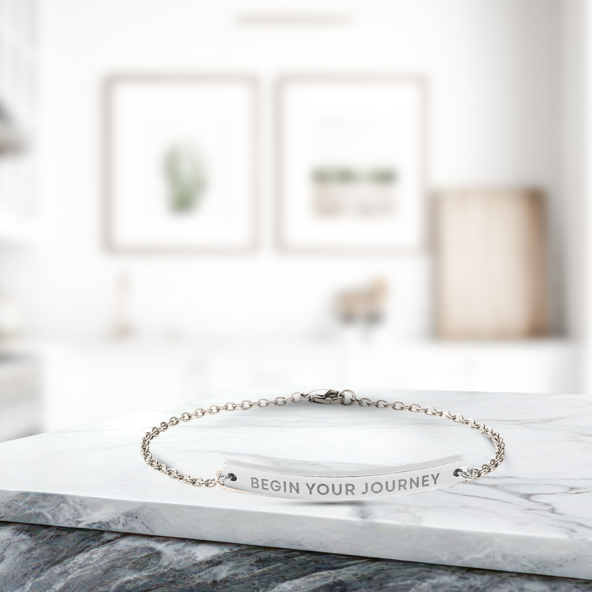 Engraved Curved Bar Anklet — "Begin Your Journey" Minimalist Bracelet