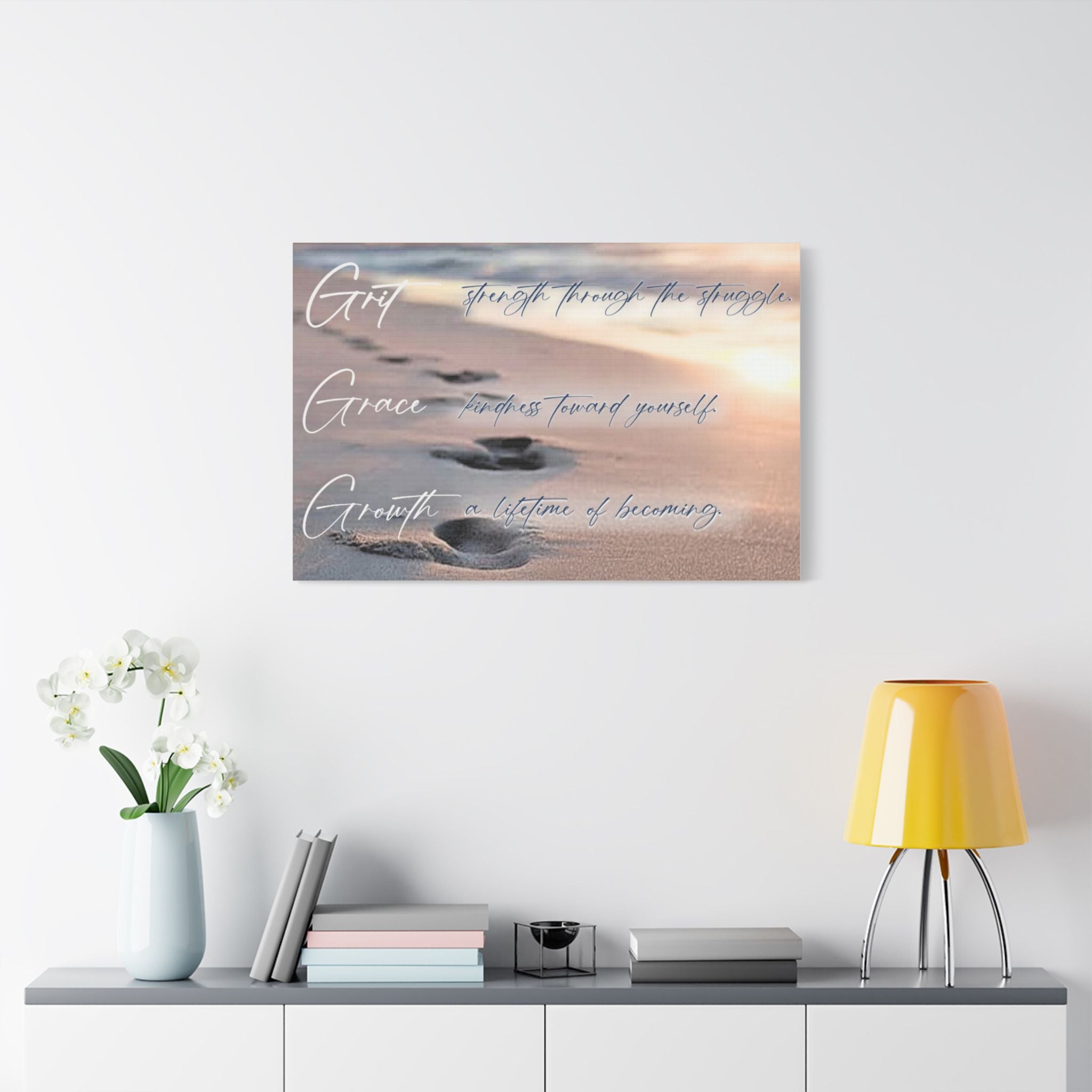 Satin Canvas Stretched - "Grit Grace Growth" Beach Footprints Wall Art