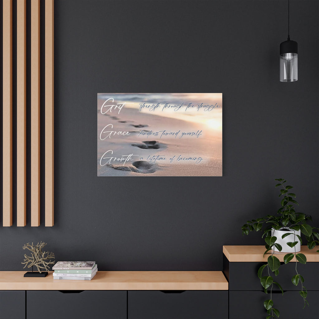 Satin Canvas Stretched - "Grit Grace Growth" Beach Footprints Wall Art